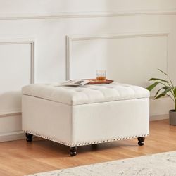 Large Square Tufted Upholstered Ottoman Bench and Coffee Table with Storage, Oversized Footrest for Living Room, Beige