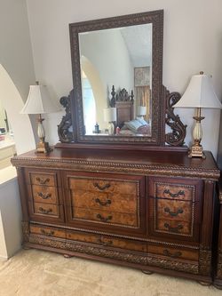 Large Wood Dresser with Ornate Mirror