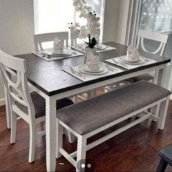 ✅️✅️(6 pc white & grey finish wood dining table set grey padded seat chairs and bench✅️✅️✅️