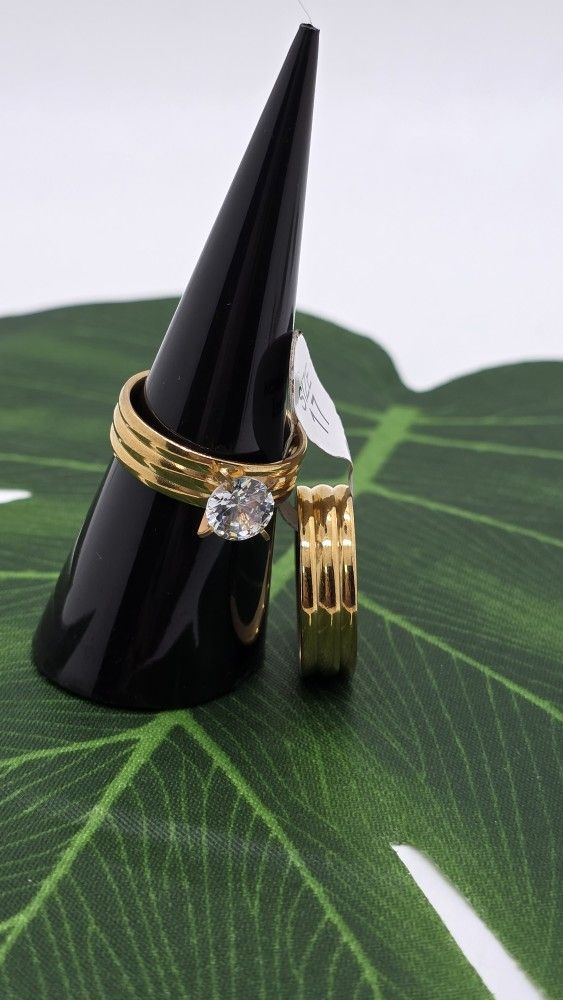 Women's Wedding Engagement Bridal Ring Set Stainless Steel-Gold Plated