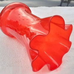 MCM mid century modern Italian Empoli art glass vase in flaming orange red - approx, 10" H X 7" 