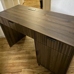 Modern Wood Office Desk with Drawers, Cabinet & Built-In Power Outlet