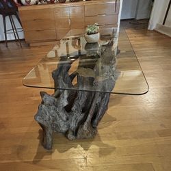 Vintage MCM driftwood coffee table w/ glass top 