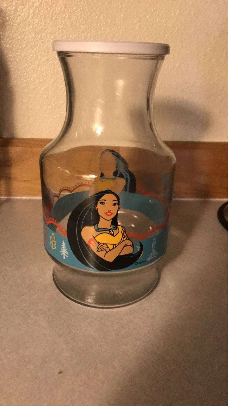 Vintage 1995 Disney Pocahontas Anchor Hocking Glass Jar Juice Carafe  