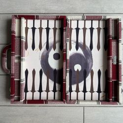 Backgammon Board Game Set 16” with Metal Checkers Tartan Tweed Case Yin Yang Sword Design