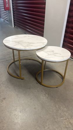 Set of 2 Nesting Side Tables – Marble Look & Gold Frame