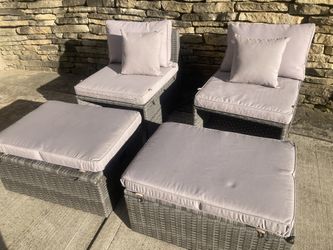 Grey Wicker Patio Furniture With Cushions ( Set Of Two With Two Storage Ottomans) Save Big Money! Great For Balcony, Patio Or Sunroom 