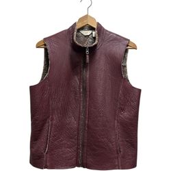 J. Jill 100% Leather Vest Jacket S Sherling Wine/Brown Front Zip Boho Indie