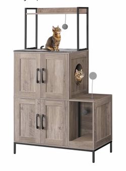 HOOBRO Cat Litter Box Enclosure Furniture, 2 in 1 Hidden Litter Box Furniture with Shelf, Double Litter Box Cabinet with 2 Dangling Plush Balls and 1 