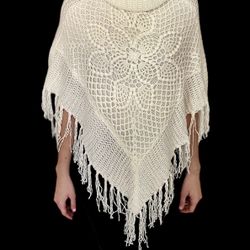 Women’s Knit Crochet Handmade in Ecuador Fringe Poncho Cowl Neck - One size      