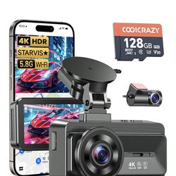COOICRAZY 4K Dual Channel Dash Cam with GPS WiFi Sony STARVIS 128GB Built-in GPS