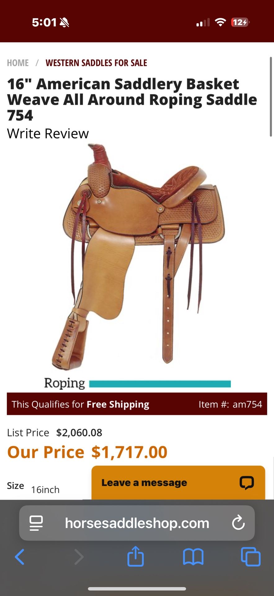 Roping Saddle 16inch