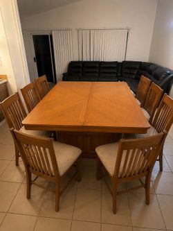 Solid Oak Dining Table w/ Storage Base + 8 Matching Chairs