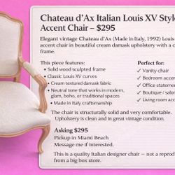Chateau d’Ax Italian Louis XV Style Accent Chair – $295