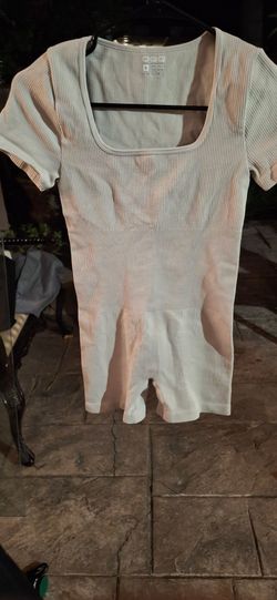 OQQ Women's Ribbed Square Neck Short Sleeve Romper – Size Small – Cream