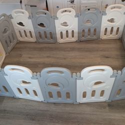 Gray & White Baby Playpen w Activity Panel & Gate