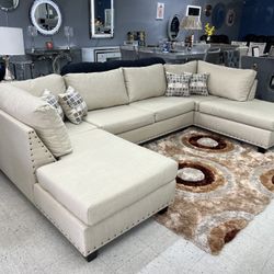 Beige Sectional Oversize Double Chaise W Nail Heads 