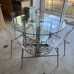 Modern Dining Set Round Glass Table Clear Acrylic Chairs 
