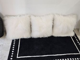 Set of 3 White Mongolian Sheepskin Throw Pillows – Luxurious Boho Glam Décor