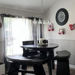 Rounded Triangle Dining Table Set w/ 2 Benches and 2 Stools 