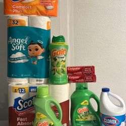 Angel Soft, Scott, Clorox, Gain Detergent, Colgate. 