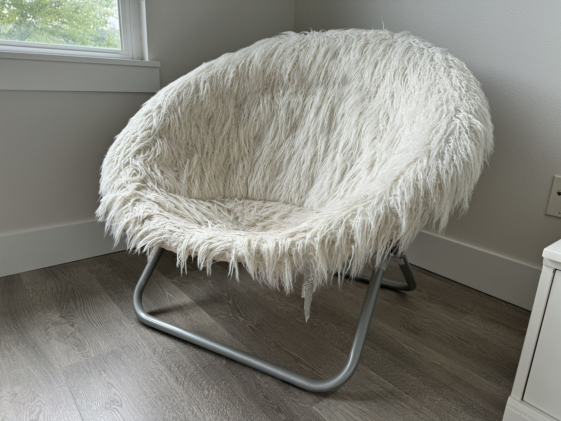 Ivory Faux-Fur Hang-a-Round Chair from Pottery Barn Teen