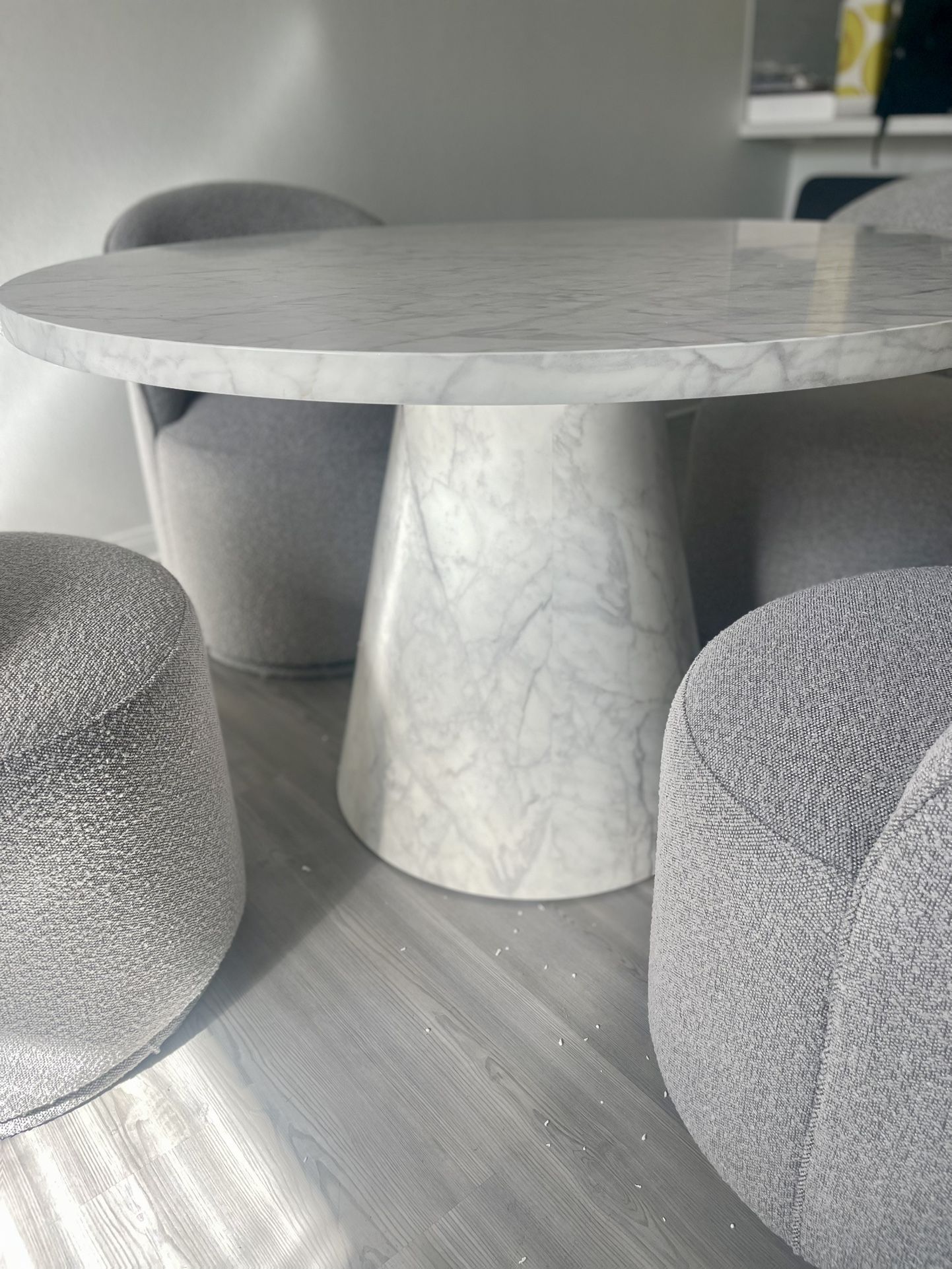 48” Round Dining Table  - White/Grey  Marble Stone Pedestal Table