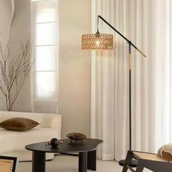 1-Light Black Modern Rope Adjustable Swing Arm Floor Lamp with Rattan Shade Marble Base Foot Switch for Bedroom