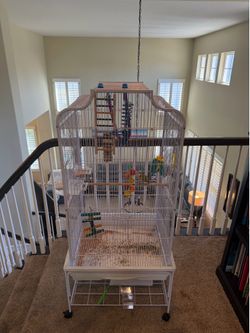 “Large white bird cage on wheels — great condition.