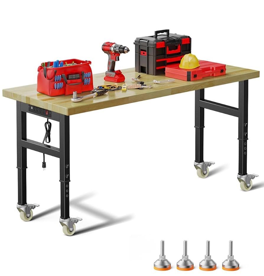 60" Adjustable Work Bench,Hardwood Top Garage Work Bench Table,Heavy Duty 2000 LBS Load Worktable,Rolling Mobile Workbench with Power Strip for Worksh