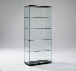Modern Glass Display Cabinet with Lockable Double Doors and 5 Shelves, Floor Standing Tempered Glass Bookshelf for Living Room, Bedroom, or Office, Bl