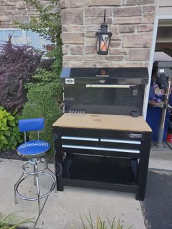 Kobalt 45" Garage Workbench + Matching Stool - Drawers, Pegboard, Light, Shelf & Power Outlets