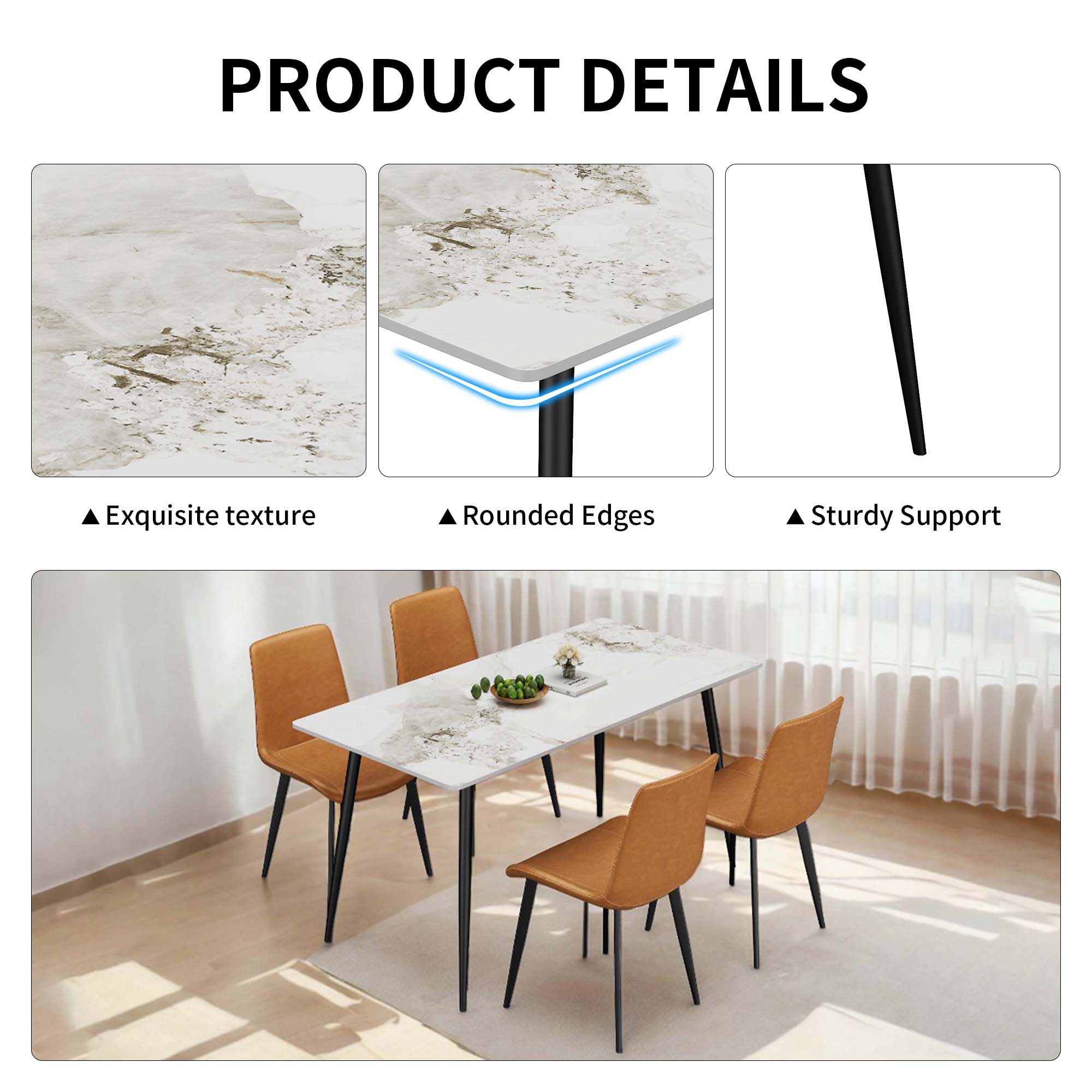 Dining Table with Sintered Stone Tabletop and Metal Legs 63 Rectangular Modern Kitchen & Dining Room Table