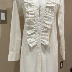 DKNY Women’s Off White Ruffled Buttons Front Sleeves Side Slits Dress, Size S