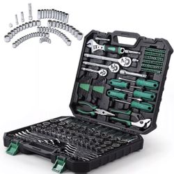 213pcs Mechanics Tool Set 1/4" 3/8" 1/2" Metric Socket Wrench Set Tool Kit &Case