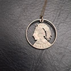 Vintage 1964 cutout Aztec Warrior Coin Necklace: Vintage Mexican Cincuenta Centavos with 14KGF. Chain.