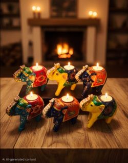 Vintage 6 Hand Painted Folk Art Wooden Elephant Candle 7"×7" Holders, Multicolor