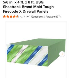 Drywall Panels, Sheetrock Mold Tough 5/8x4x8