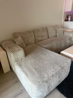 Full Cream Colored Boneless Couch with Grey ottoman
