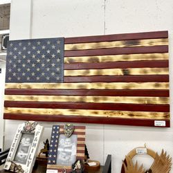 American Flag Handmade Wood Carved Burnt And Painted 37” X 19”