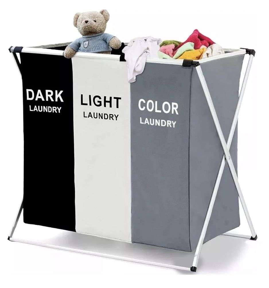 New Laundry Basket, 3 Section Portable Laundry Bag Hamper, Collapsible Clothes Hamper with Handles for Laundry