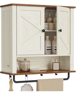 Bathroom Wall Cabinet, Farmhouse Wall-Mounted Medicine Storage Cabinet with 2 Barn Doors, Adjustable Shelf, Towel Bar, 7.9 x 23.6 x 28.7 Inches, Rusti