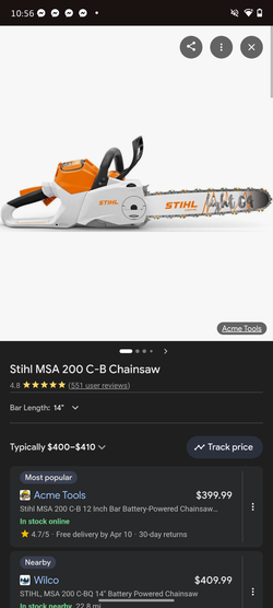 Stihl package deal 14inch chainsaw battery powered and a Stihl battery powered hedge trimmer and a gas powered Stihl leaf blower all like brand new pa