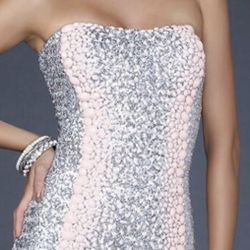 LaFemme Silver Sequins With Peach Stones Dress , Size 4