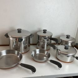 Vintage 11 Piece Revere Ware Copper Bottom Pans With Lids.