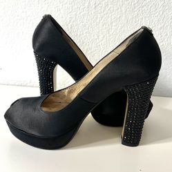 8.5 Michael Kors Satin Rhinestone Studded Heel Woman's Peep Toe Black Shoe Pumps
