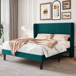 Queen Size Velvet Bed Frame with Vertical Channel Tufted Wingback Headboard, Uph