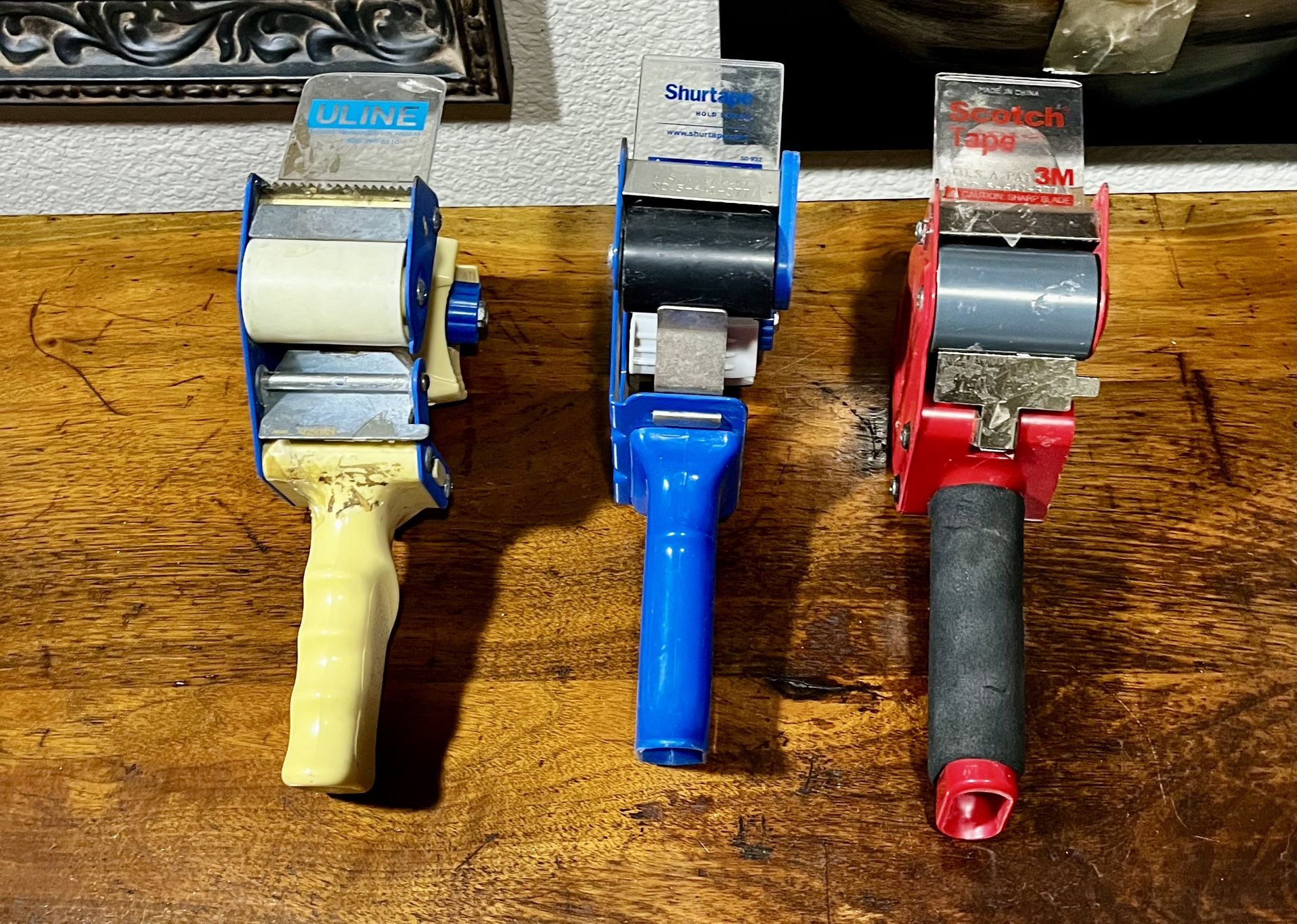 Uline H-150 2-inch industrial side-loading tape dispenser & Scotch Heavy Duty 2” Packaging Tape Dispenser & Shurtape P-932 Tape Dispenser! PRICE 4 ALL