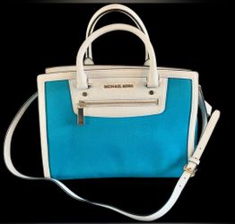 Michael Kors Large Blue and White Canvas & Leather Selma Structured Ziptop Purse