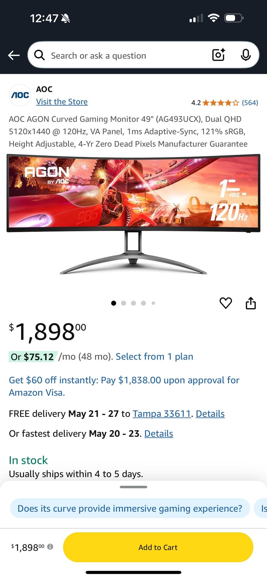 AOC AGON 49” Wide Screen Gaming Monitor 
